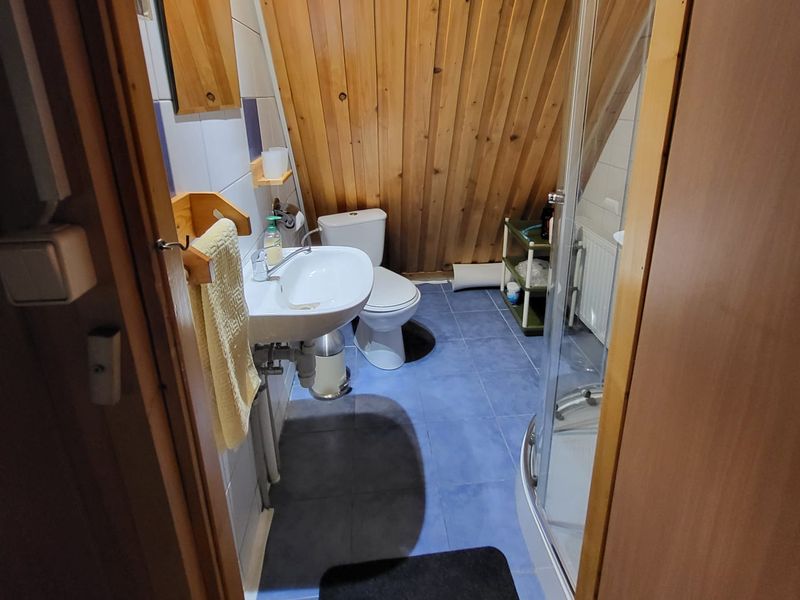 Widok od drzwi łazienki na piętrze: umywalka, toaleta, kabina prysznicowa i drewniany skos